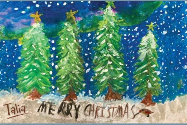 Local school pupil's card design showing a Christmas tree scene