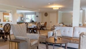 New lounge/dining room communal area at L'Hermitage Care Home in Jersey August 2023